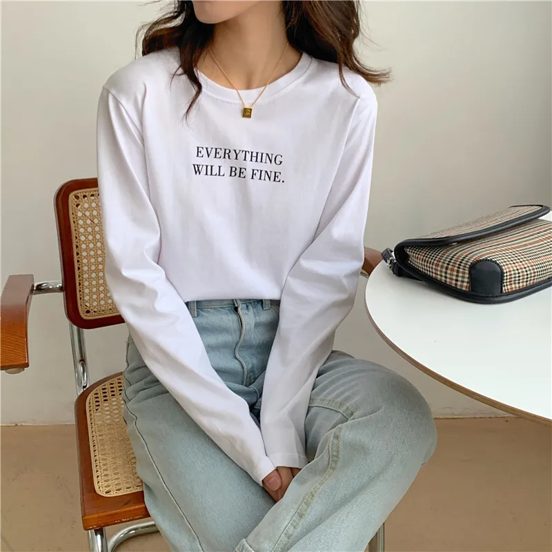 

100% Cotton O Neck Long Sleeve White T Shirt Lady Spring Autumn Letters Slim T-shirt Lady Casual Basic Tee Top