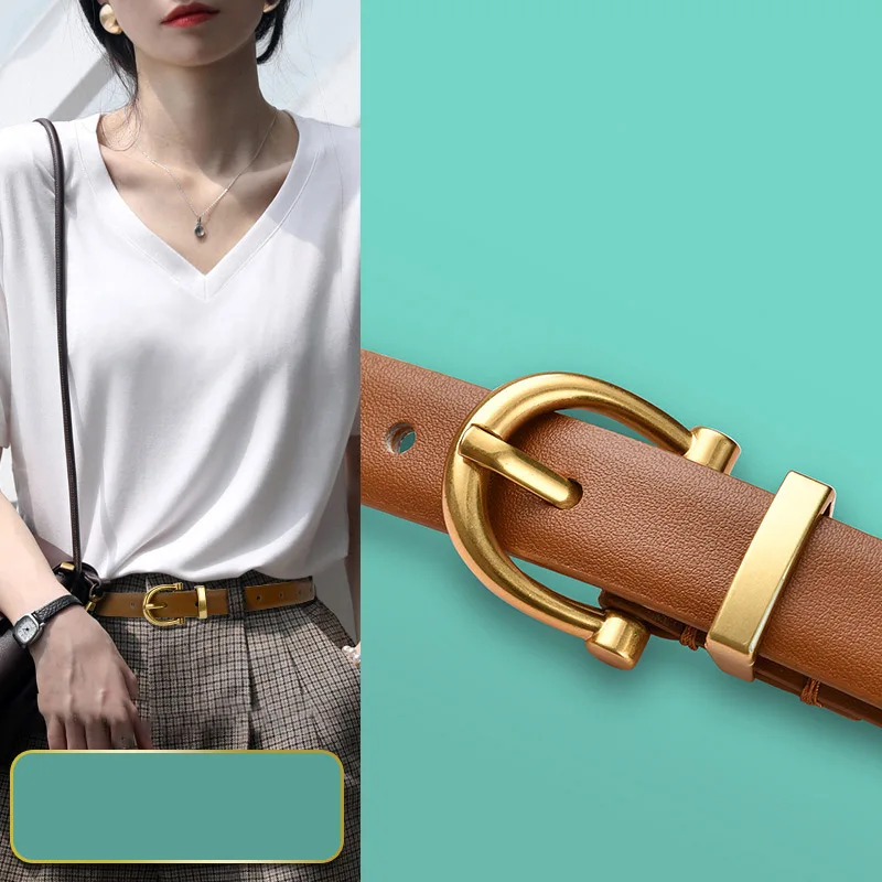 2023 Autumn New Genuine Leather Thin Narrow Belt Women's Vintage Needle Buckle Belt Minimalist Designer Jeans Pants Cowhide Belt