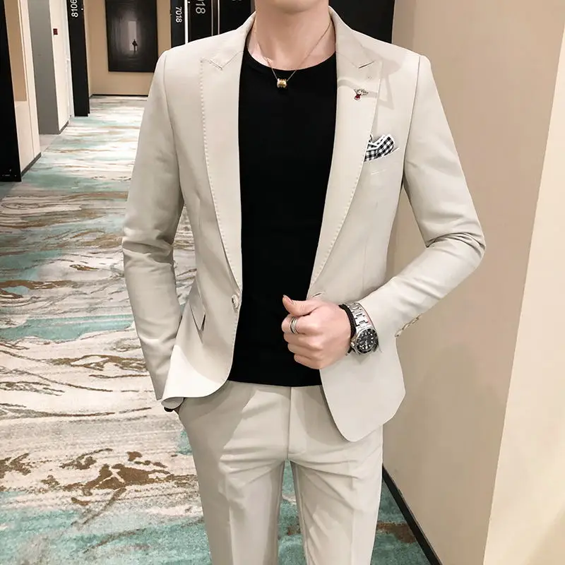 

High quality (suit + trousers) men's fashion business Korean version casual contrast color teenage gentleman slim two-piece suit