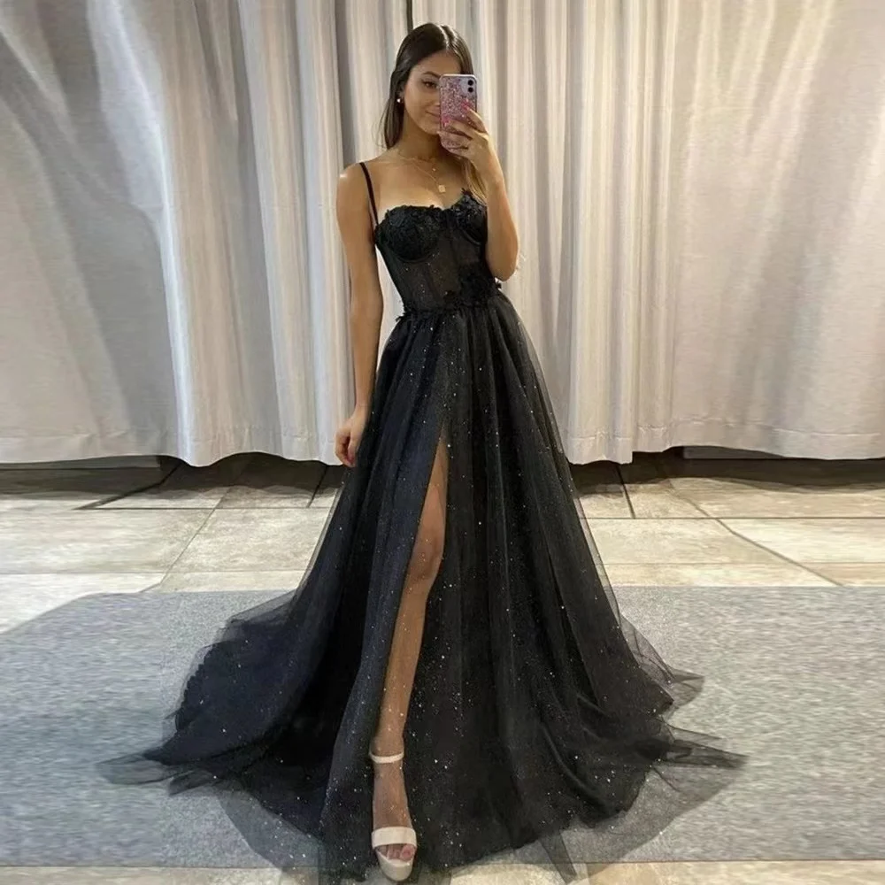 

Glitter Tulle Prom Dress Long Ball Gown Lace Appliqued 3D Flower Slit Bridesmaid Dresses Sexy Cocktail party Dresses