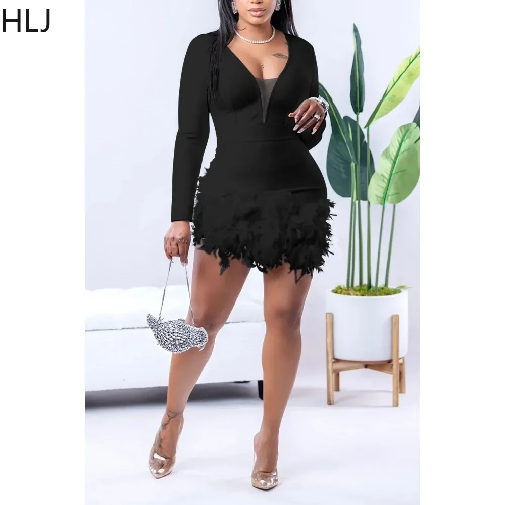 HLJ Fashion Feather Stitching Deep V Party Club Rompers Women Long Sleeve Bodycon Jumpsuits Female Solid Color Slim Overall 2023