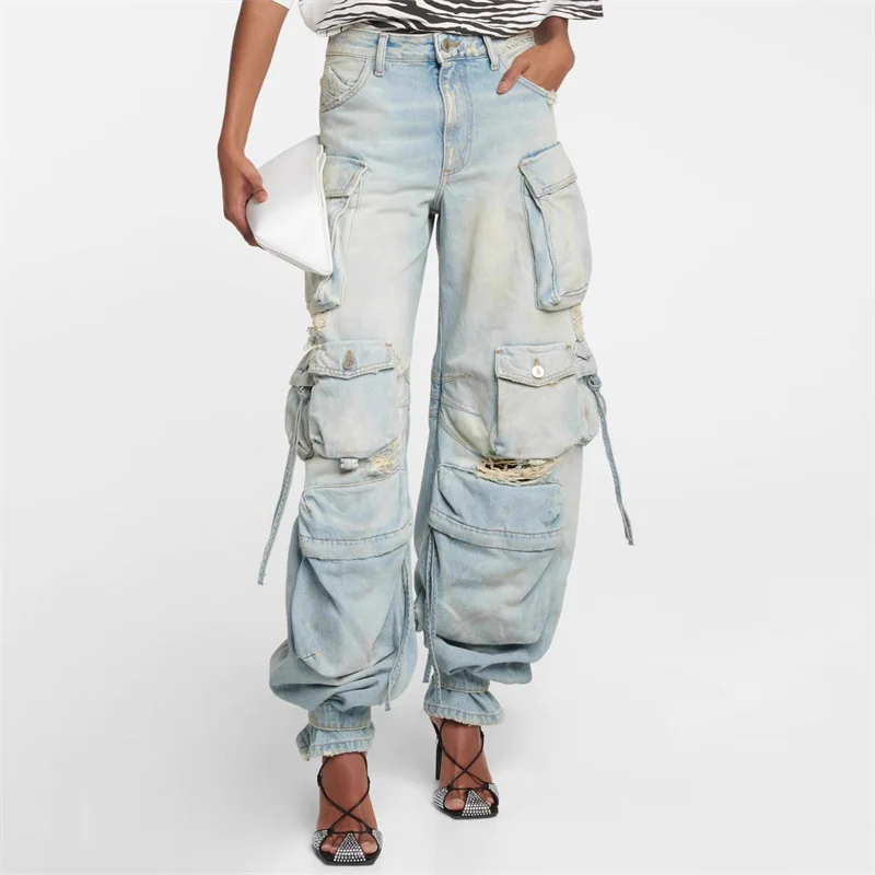 

Jeans for women 2023 Autumn Korean Fashion Vintage washing Multiple Pockets denim overalls pure cotton hole Trousers y2k pants