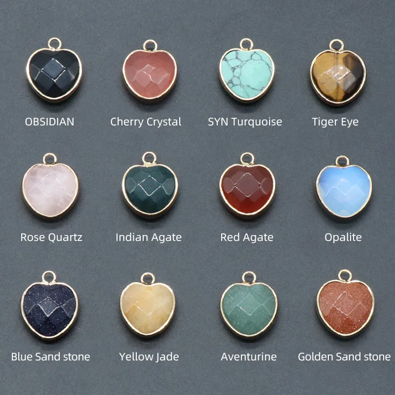 20pcs Natural Stone Heart Pendants Opal Rose Quartz Tiger's Eye Agate Crystal Charms for Diy Earrings Necklace Jewelry Making