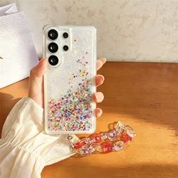 Colorful Stars Glitter Quicksand Soft Silicone Phone Cover with Clear Moving Sand Design for Galaxy S23 Ultra (With Bracelet)