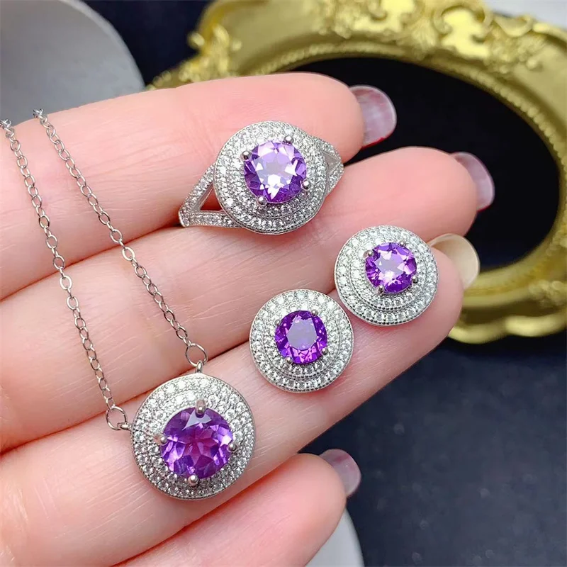 

New Amethyst Ring Pendant Earrings Jewelry Set S925 Silver Natural Peridot Women Birthday Gift Lady with Certificate