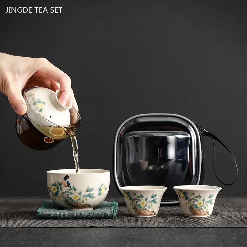 Hand-painted Travel Tea Set Home Car Outdoor Tea Infuser Portable One Pot Three Cups Ceramic Teaware Bring A Storage Bag