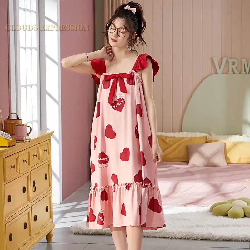 Summer M-3XL Knitted Cotton Night Dress Cartoon Print Womens Nightgowns Sleepshirts Girls Nightgowns Kawaii Homewear Nightdress