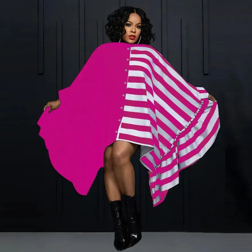 Plus Size Striped Loose Dress Female Batwing Button Cloth Patchwork Casual Luxury Mini Outfit Elegant Pretty Women Party Dress