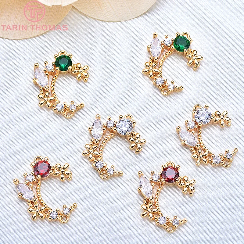 

(1492)4PCS 14x18MM Brass with Colorful Zircon 24K Gold Color Plated Moon 2 Holes Charms Pendants High Quality DIYJewelry Finding