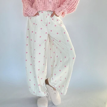 Fashion Women Barrel Jeans Dot Print Loose Denim Pants Spring Casual Baggy Trousers Fashion Wide-Leg Pants 1