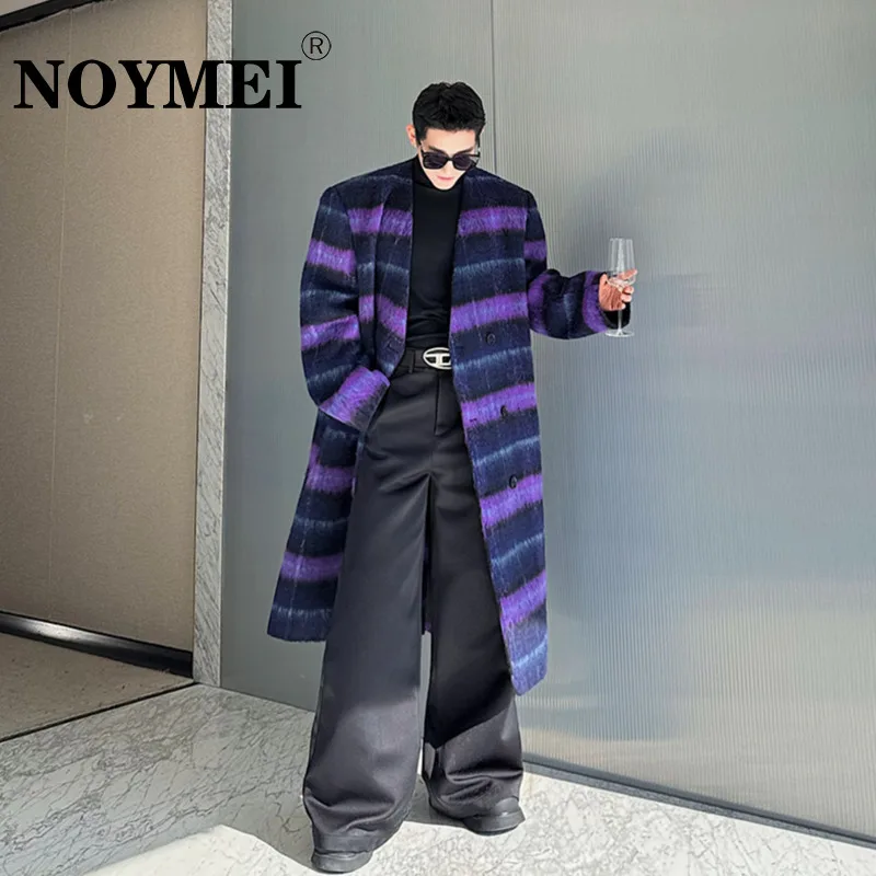 

NOYMEI Winter Plaid Design Woolen Coat Thicken Purple Long Length 2024 All-match Korean Style Collarless Overcoat Men WA3536