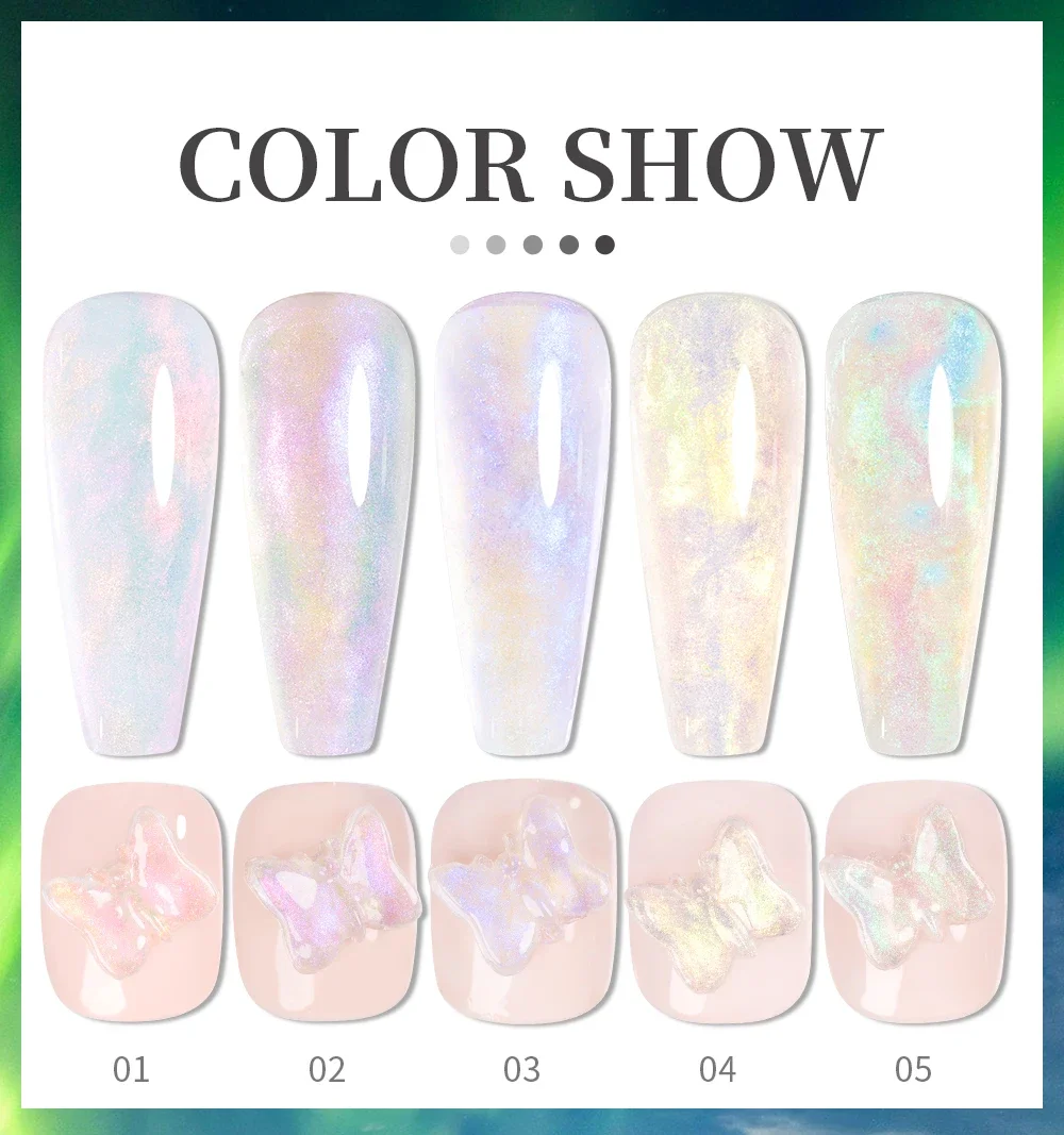 Description Picture 4 of item15ml Aurora Non Stick Hand Extension Nail Gel Polish Aurora Glitter Effect 3D Carving Manicure Semi-Permanant Nail Art Varnish