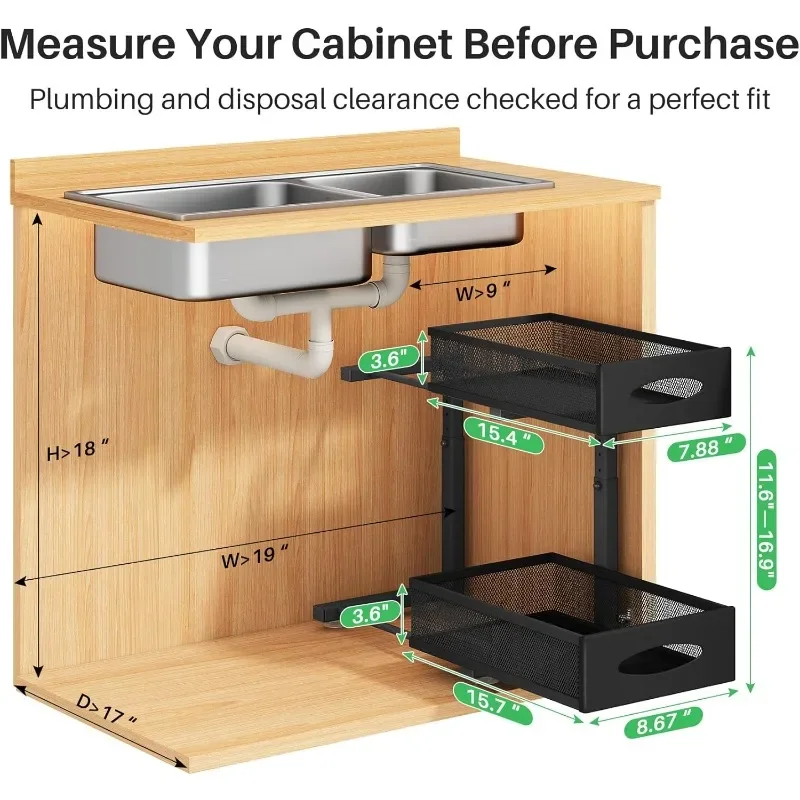 Under Sink Organizer, 2 Tier Pull out Cabinet Organizer Baskets with Mesh Sliding Drawers, Slide out Storage Shelf (2 Pack) 2