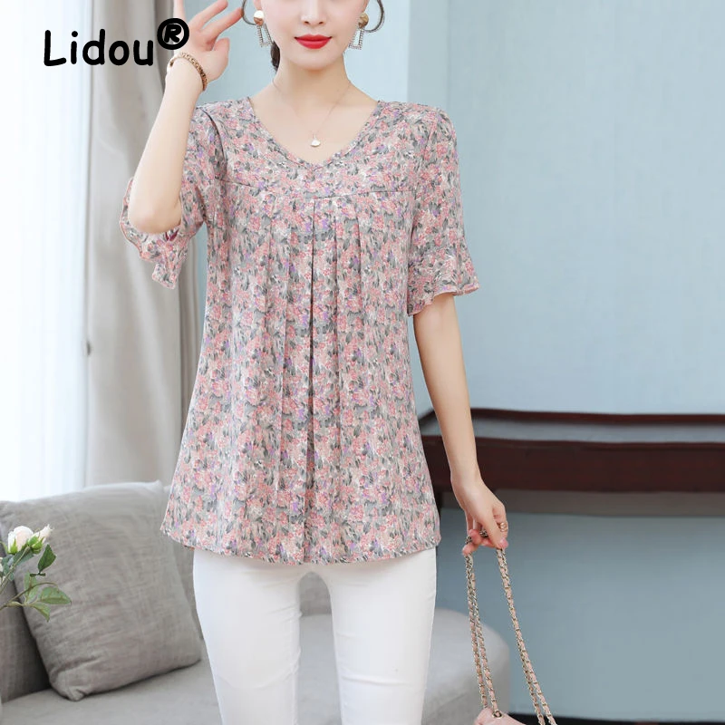 

Women Ruffle Floral Print Elegant Blouses Summer Stylish V Neck Short Sleeve Shirts Loose Tunic Tops Blusa Mujer Moda 2023 Ropa