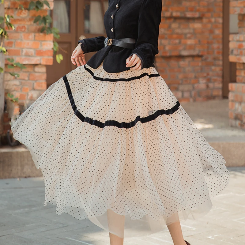 

Korean Maxi Pleated Tulle Skirt Women Summer Polka Dot Mesh Tulle Pleated Skirt Casual Elastic High Waist Mesh Falda Larga Mujer