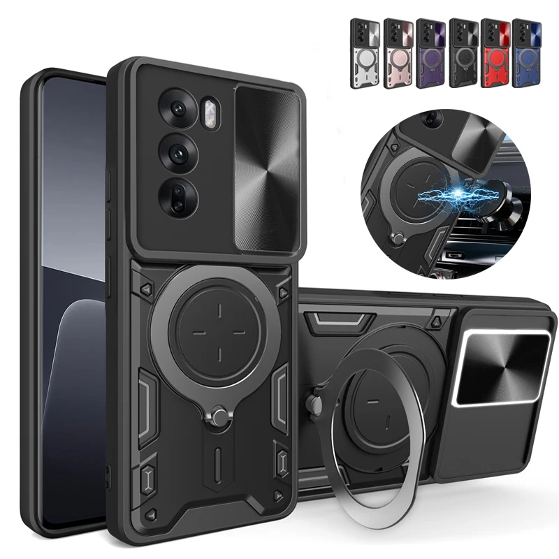Shockproof Armor Slide Lens Camera Case with Magnetic Holder Ring