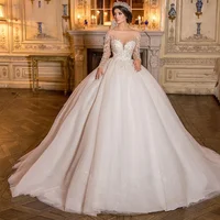 Customized Exquisite Wedding Dress Sheer Scoop Neck Lace Beaded Applique Illusion Long Sleeve Bride Dresses  Vestidos De Noiva 1