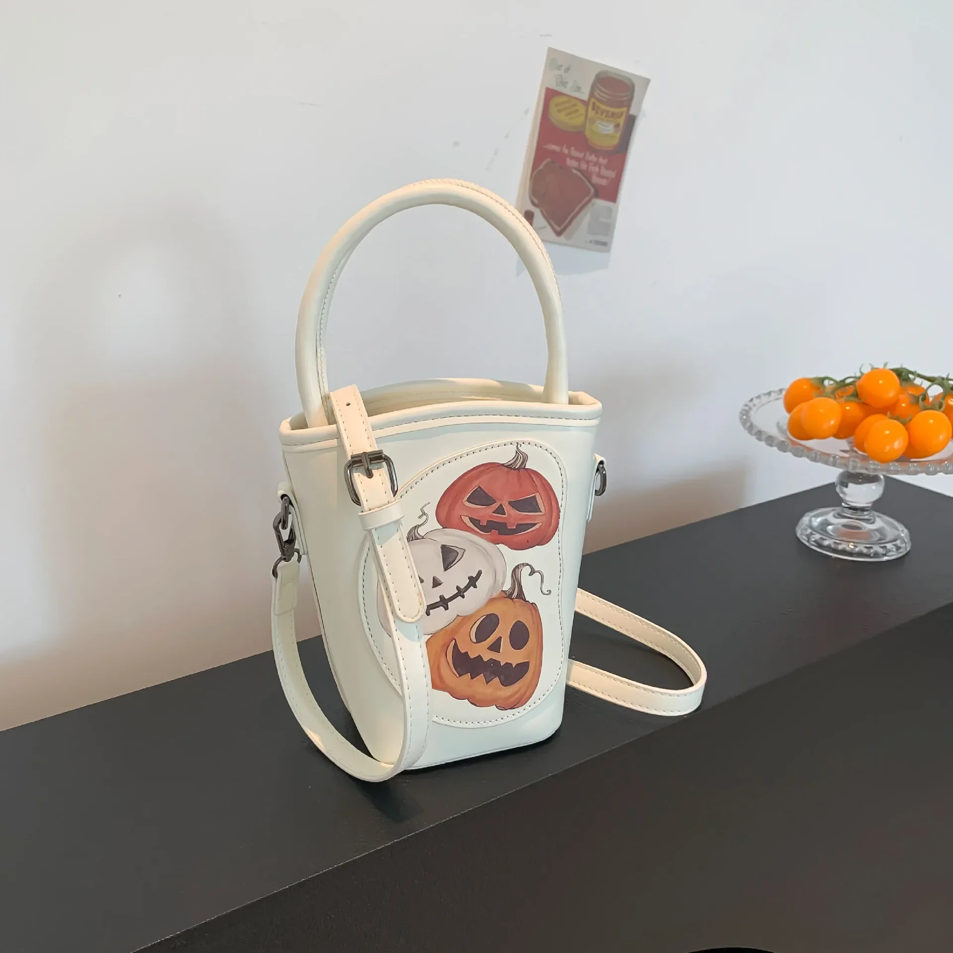 Halloween Novelty Pumpkin Printing Designer Top-Handle Bag PU Leather Bucket Bags For Women New Trend Small Crossbody Bag Purse