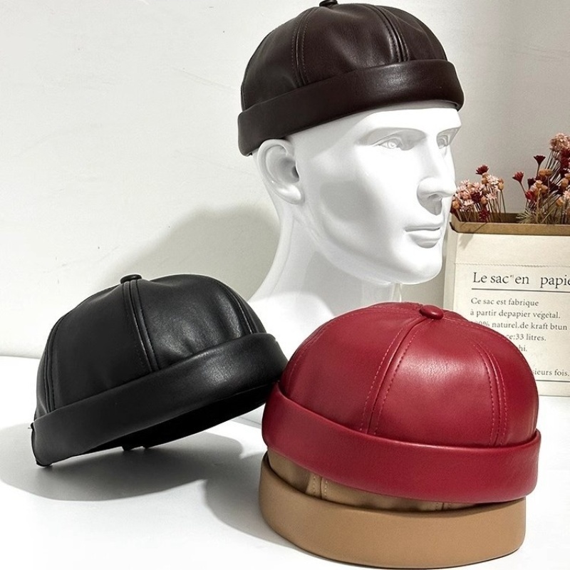 Casual Retro Brimless Hat PU Leather Adjustable Melon Skin Caps Solid Color Docker Cap Autumn Winter