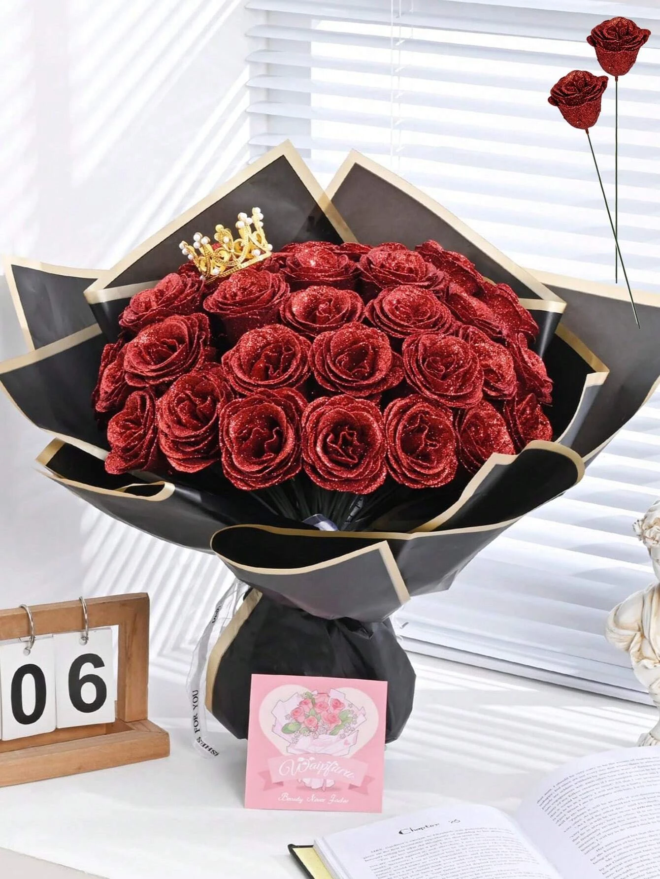 18 Stück glitzernde Rosen, Blumenstrauß, DIY-Kunstblumen, Geburtstagsgeschenke für Valentinstag, Muttertag, Jahrestag, Abschlussfeier, Hochzeitsdekoration – Detail 3