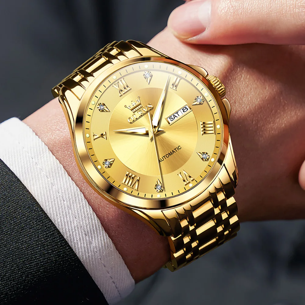 OLEVS 6702 Original Top Brand Gold Watch for Men Waterproof Mechanical Movement Luminous Stainless Steel Mans Wristwatch New