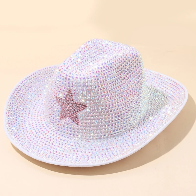 Cowgirl Hat for Bride Elegant Glittering Rhinestones Star Hat Cosplay Headpiece