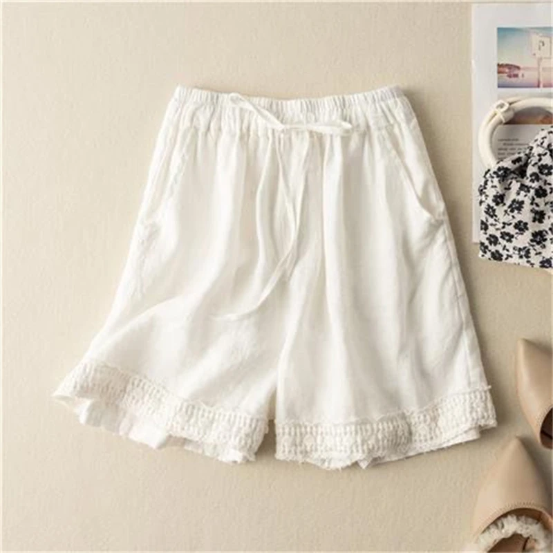 Summer Women Vintage Lace Patchwork High Waist Cotton Linen Short Pants Female Simple Casual Streetwear Loose Y2K Beach Shorts