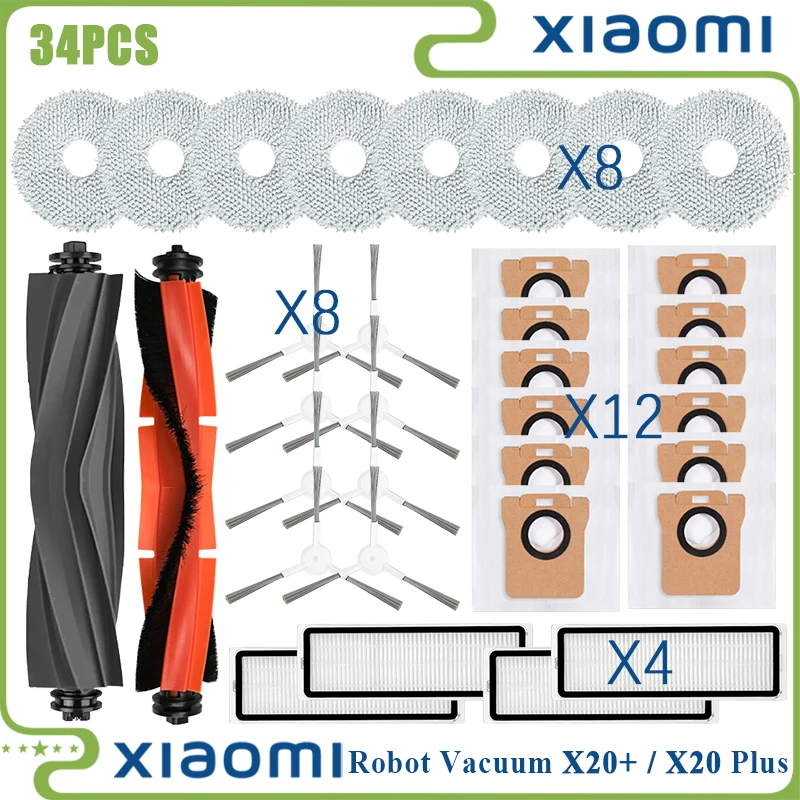 34ชิ้นสำหรับ X20สูญญากาศหุ่นยนต์ Xiaomi +/X20บวกอุปกรณ์เสริมถุงเก็บฝุ่นผ้าซับฝุ่นอะไหล่ทดแทนแปรงด้านข้างหลักของแผ่นกรอง HEPA 1