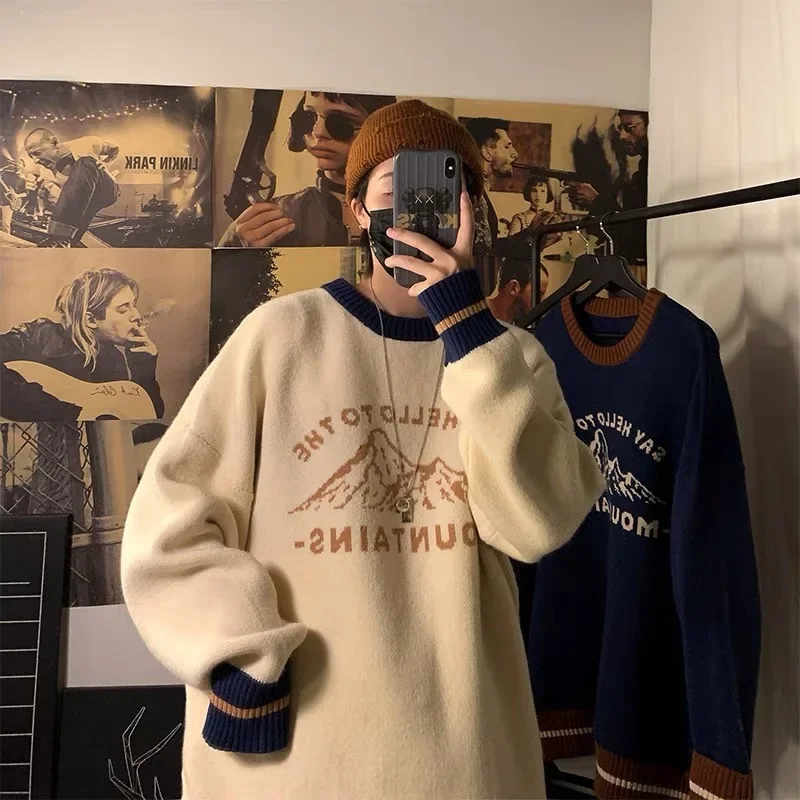 일본 스타일 레터 마운틴 스웨터 핏 멋진 남성 라인 의류, 겨울 트렌디 브랜드, 다목적 커플 학생 니트 탑