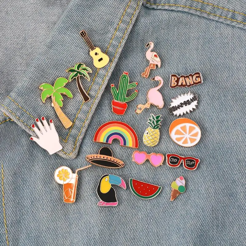 

Pineapple Toucan rainbow Lips Juice Flamingos Sunglass Watermelon Hat Guitar Brooch Denim Jacket Pin Badge Fashion Jewelry