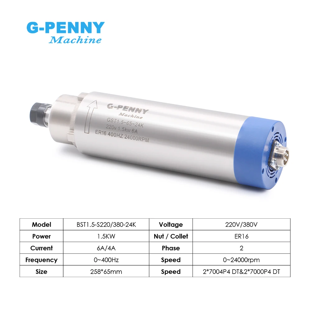 Air Cooled Spindle Motor 1.5kw ER16 D = 65mm 400Hz Air cooled spindle 4pcs bearings 24000rpm wood working spindle motor