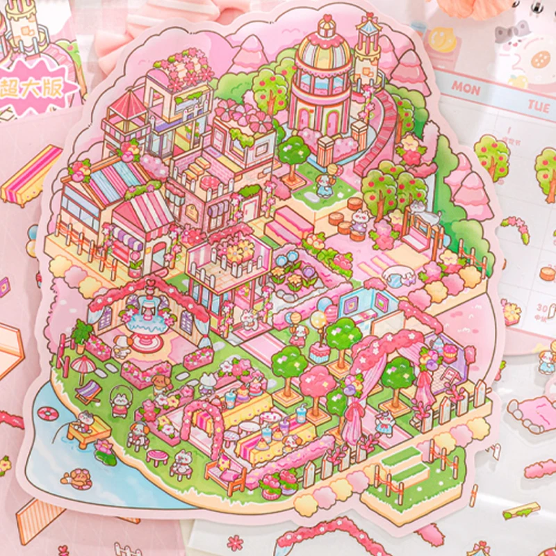 Mr. Paper 9 개/가방 동물 작은 클래스 야옹 작은 마을 시리즈 미니어처 장면 스티커 시각적 스태킹 스티커 편지지