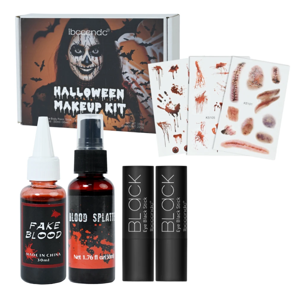 Halloween Fake Blood Makeup Kit Halloween Tattoo Stickers Wound Tattoo Stickers black lipstick white lipstick Halloween Makeup 3