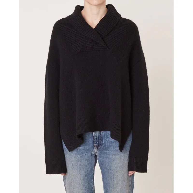 

Women Sweater Hem Slit Turn-down Collar Fall Winter Casual Knitted Pullover