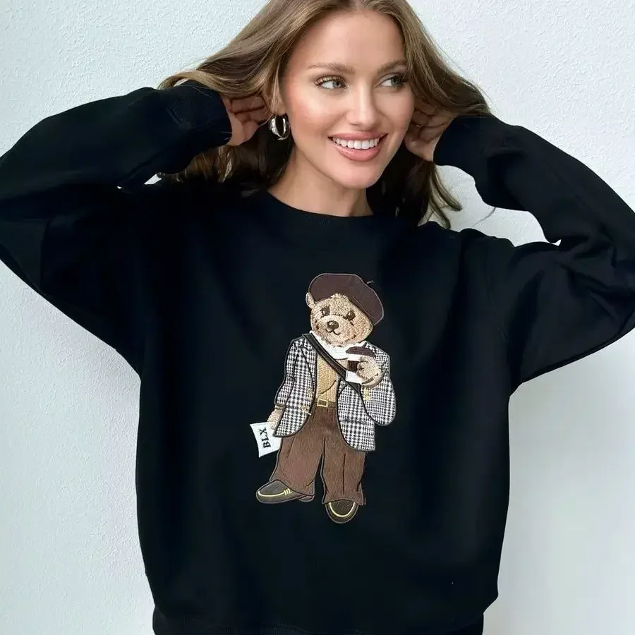 European American Cute Age Reduction Versatile Fun Printing Cartoon Autumn Winter New Round Neck Fleece Thickened Sweater Women