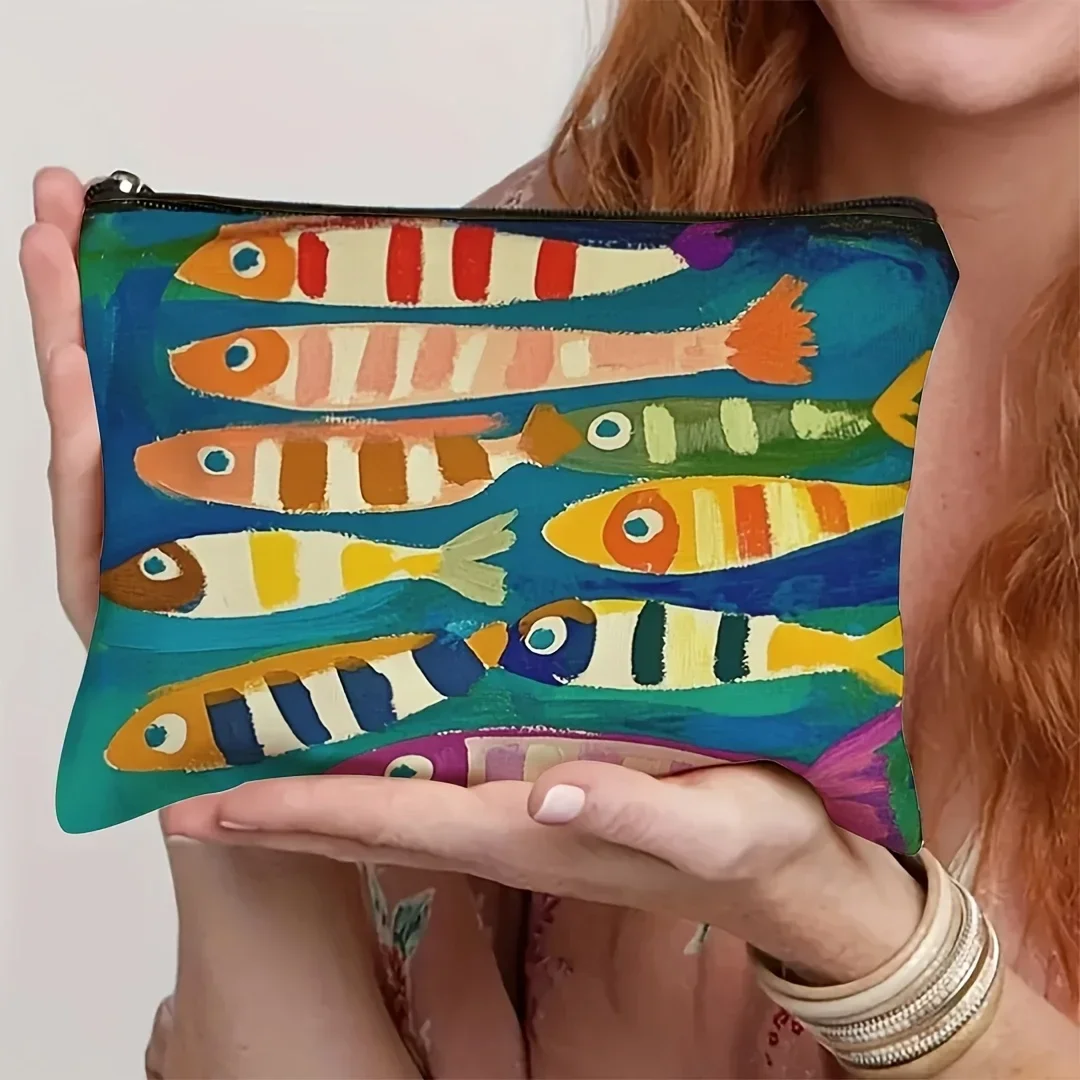 1pc Vintage Sardine Pattern Cosmetic Bag Travel Makeup Organizer for Toiletries & Brushes, Portable Unisex Design for Travel