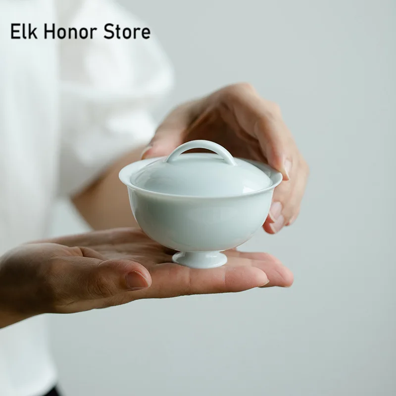 110ml Boutique Misty Blue Ceramic Tea Tureen Chiense Consensus Tea Bowl with Lid Circular Soaking Gaiwan Kung Fu Teaset Gift