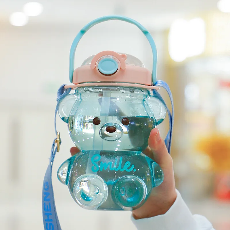 Gourde Enfant 800ml Ours Dégradé Bleu - Avec Paille Et Sangle - Sans BPA