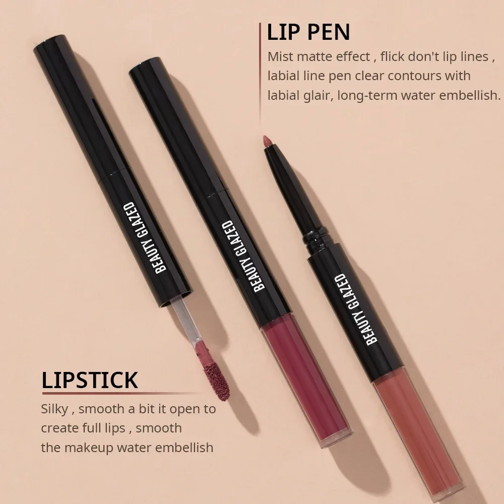Beauty Glazed 2 In 1 Matte Lipliner Long-Lasting Lipstick Waterproof High Pigment Matte Lip Makeup