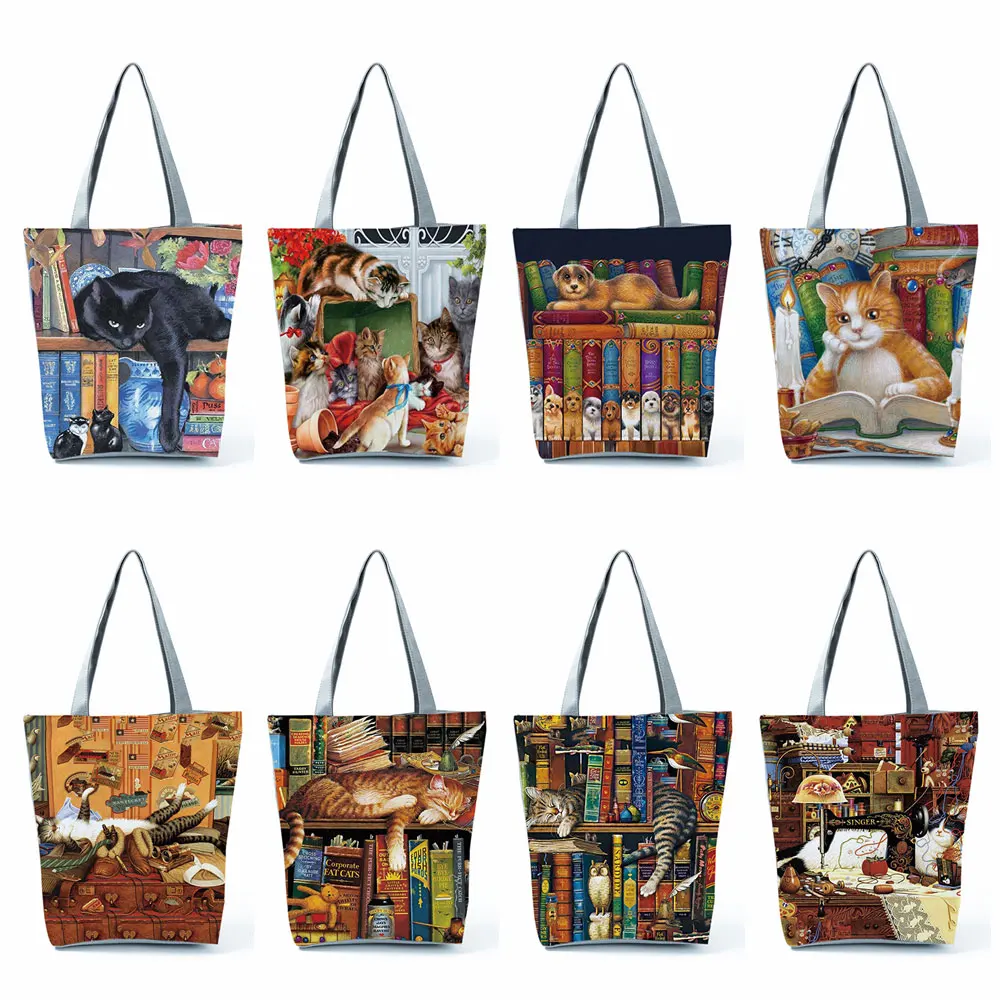 

Lady Handbags Oil Painting Cat Printed Womens Designer Tote Bags Reusable Shopping Bag High Capacity Groceries Shoulder Bags