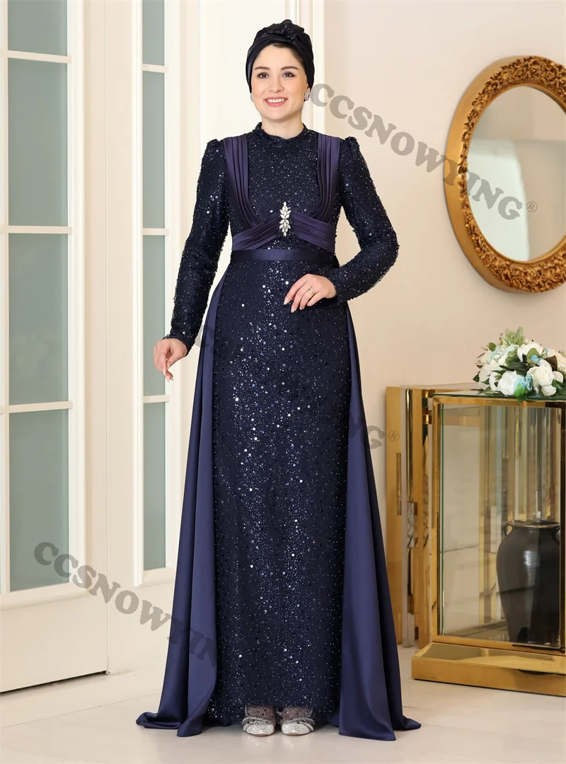 

Изысканные блестящие вечерние платья с длинным рукавом в мусульманском стиле, официальное платье с высоким воротником, хиджаб, Арабский кафтан, вечернее платье