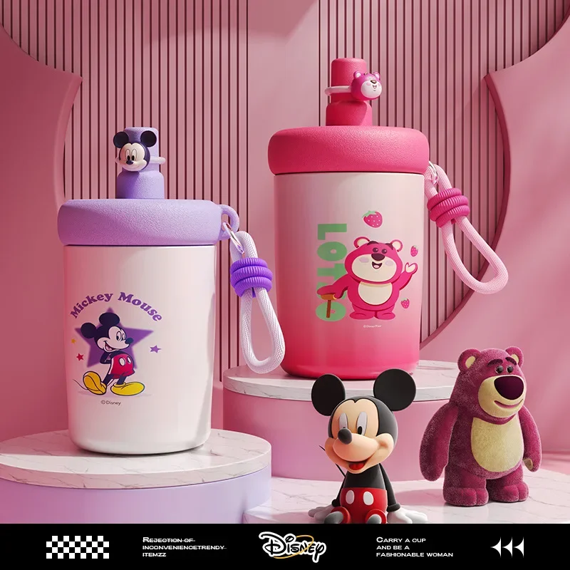 

420ML Disney Mickey Mouse Lotso Straw Thermos Cup Vacuum Flask Cartoon Stainless Steel Leak-proof Coffee Mug Water Bottle Gifts