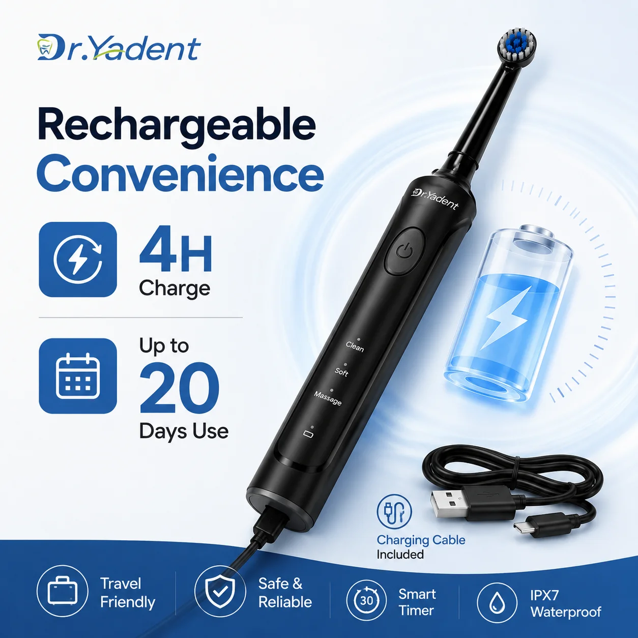 Dr.Yadent Rotating Electric Toothbrush IPX7 Waterproof 3 Modes 4 Toothbrush Head Rechargeable Battery for Adult Deeper Cleaning 5