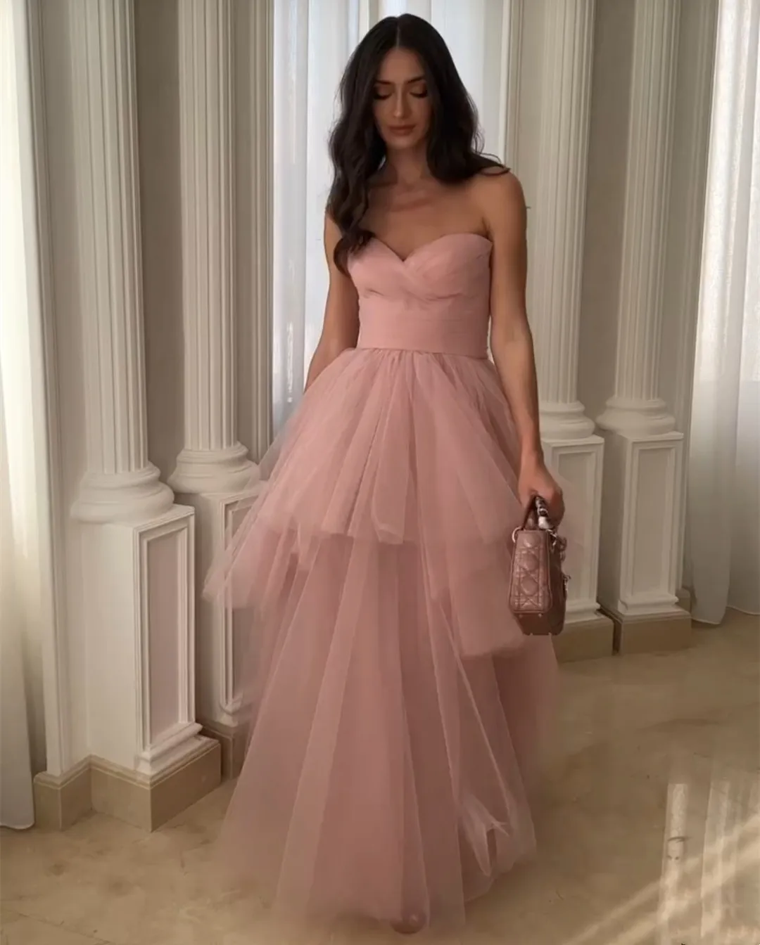 

Elegant Long Sweetheart Pink Evening Dresses A-Line Tulle Floor Length Muslim فساتين السهرة Prom Gowns for Women