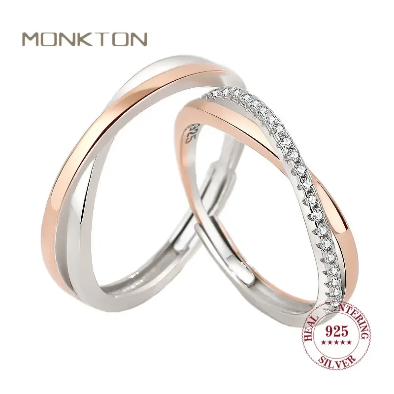 

Monkton 925 Sterling Silver Couples Rings Micro-set A Pair Adjustable Lover Cross Ring for Men Women Festival Party Jewelry Gift