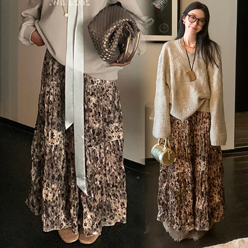 Autumn Winter Pregnant Woman Luxury Skirts Vintage Leopard Printing Long Loose Maternity Pleated Skirt Velour Fishtail Skirts