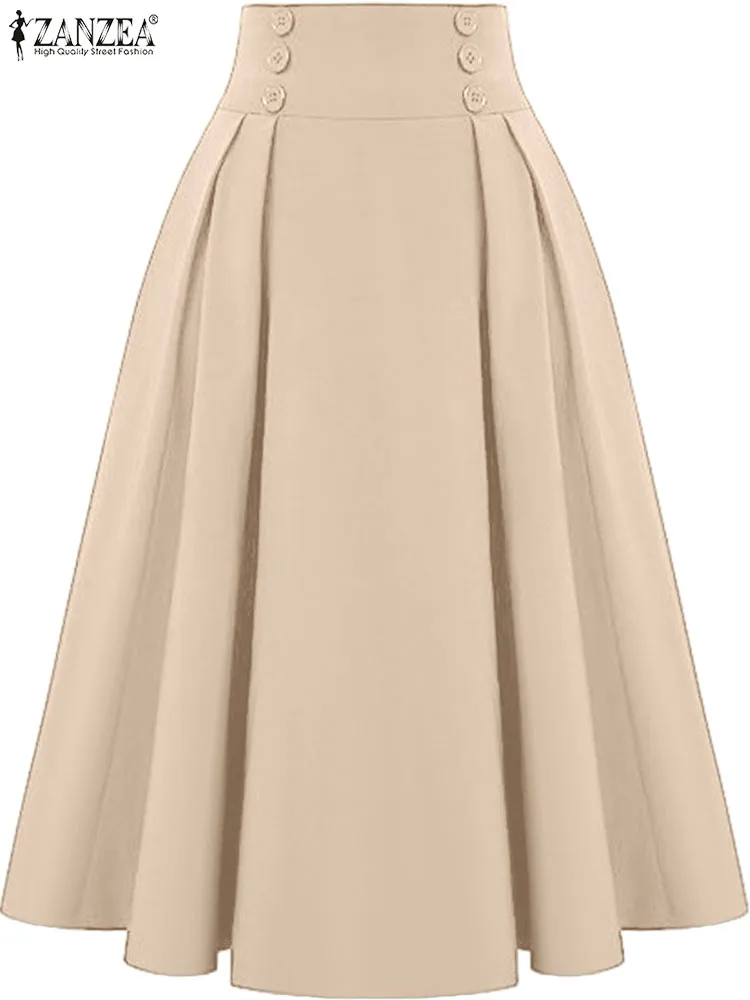 

ZANZEA 2024 Summer Vintage Long Skirts Women Buttons High Waisted Pleating Skirts Fashion Maxi Faldas Solid A-line Swing Jupes