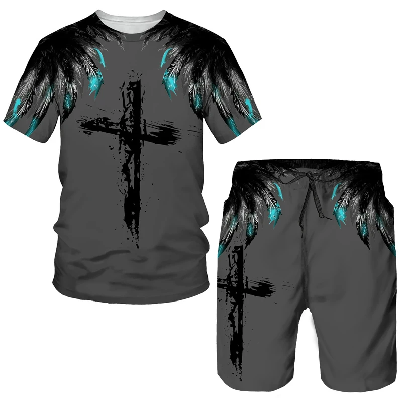 Summer 3D Cross Print Men's T-Shirts/Shorts/Suit Short Sleeve Jesus Christian Streetwear Lion King 2 Pcs Oversized Tracksuit Set