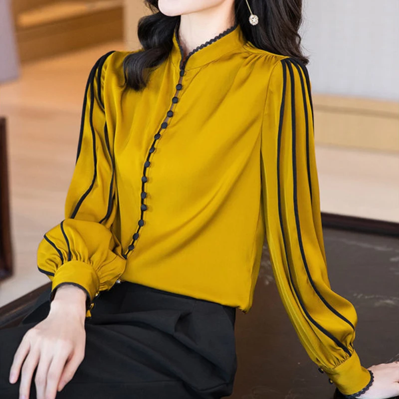 Yellow and Black Real Silk Shirt Spring Autumn Fashion Blouse 2023 Long Sleeve Round Neck Elegant Casual Korean Style Clothing