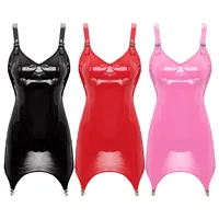 Womens Shiny Metallic PVC Leather V-Neck Mini Dress Chemise Wet Look Night Club Bodycon Babydoll Clubwear with Garter Belt - Image 5